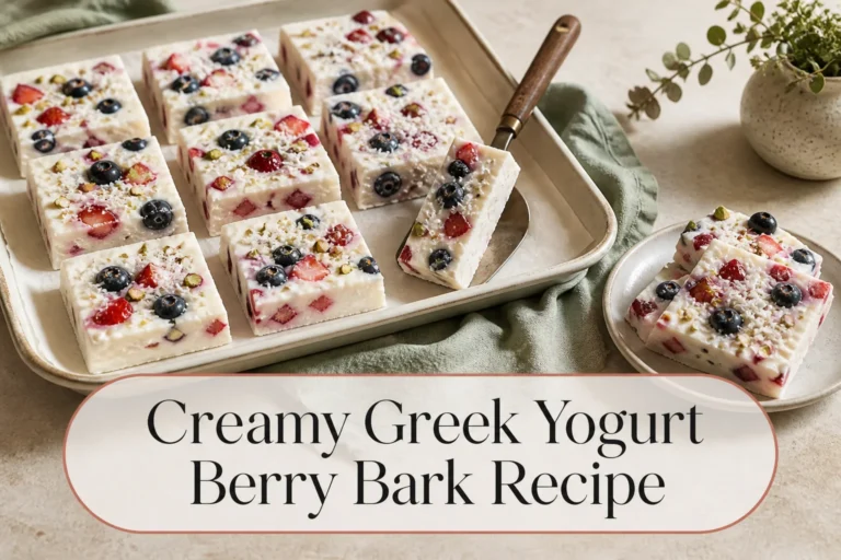 Greek yogurt berry bark pieces with title reading Creamy Greek Yogurt Berry Bark Recipe