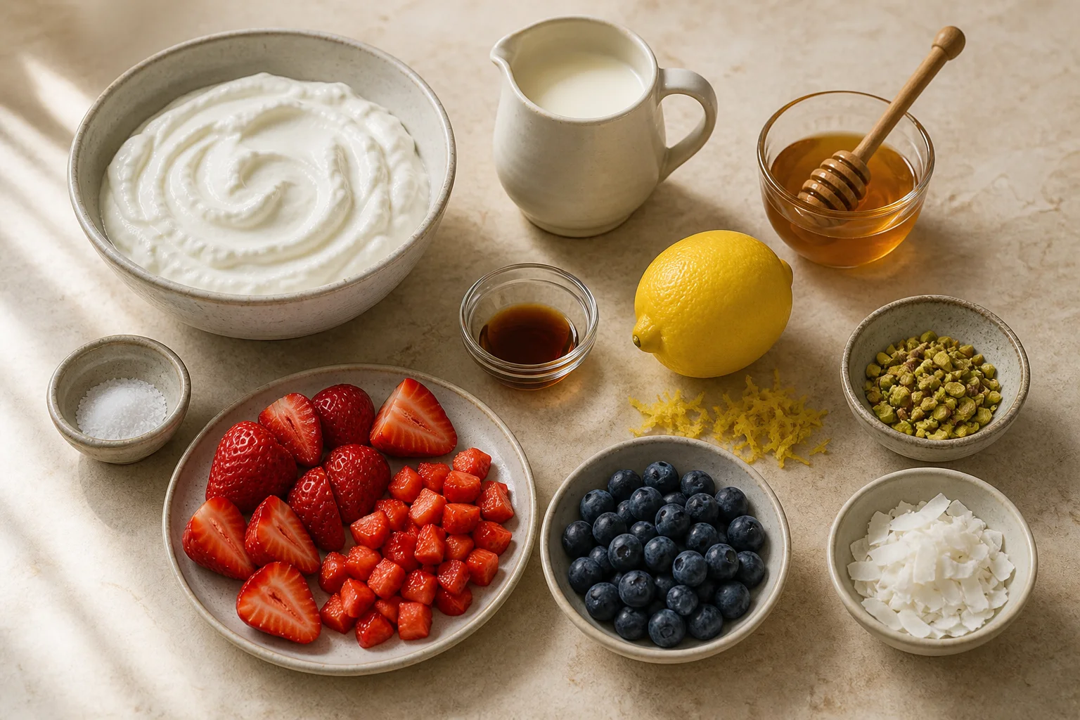 Whole milk Greek yogurt, heavy cream, honey, vanilla, lemon zest, salt, strawberries, blueberries, pistachios and coconut