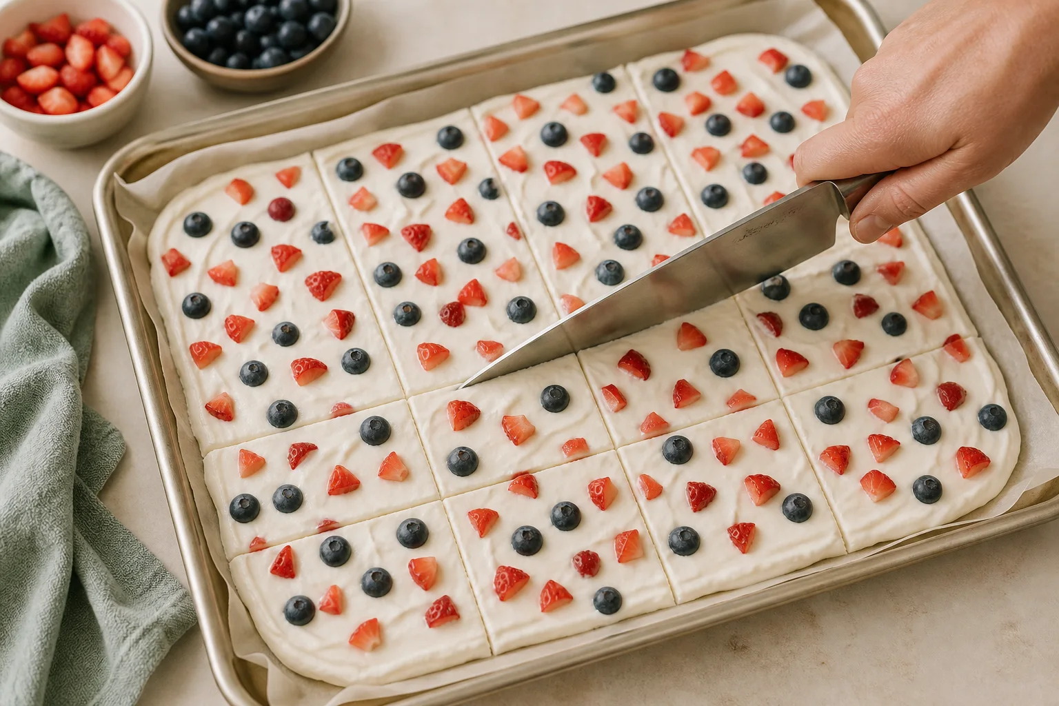 Knife scoring a four by four grid into partially frozen Greek yogurt berry bark
