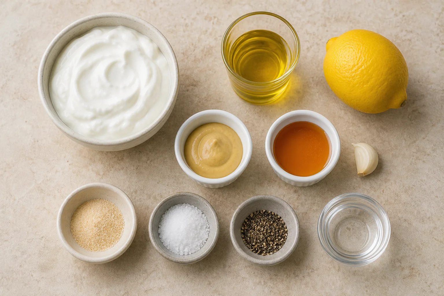Greek yogurt, olive oil, lemon, Dijon, honey, garlic, onion powder, salt, pepper and water