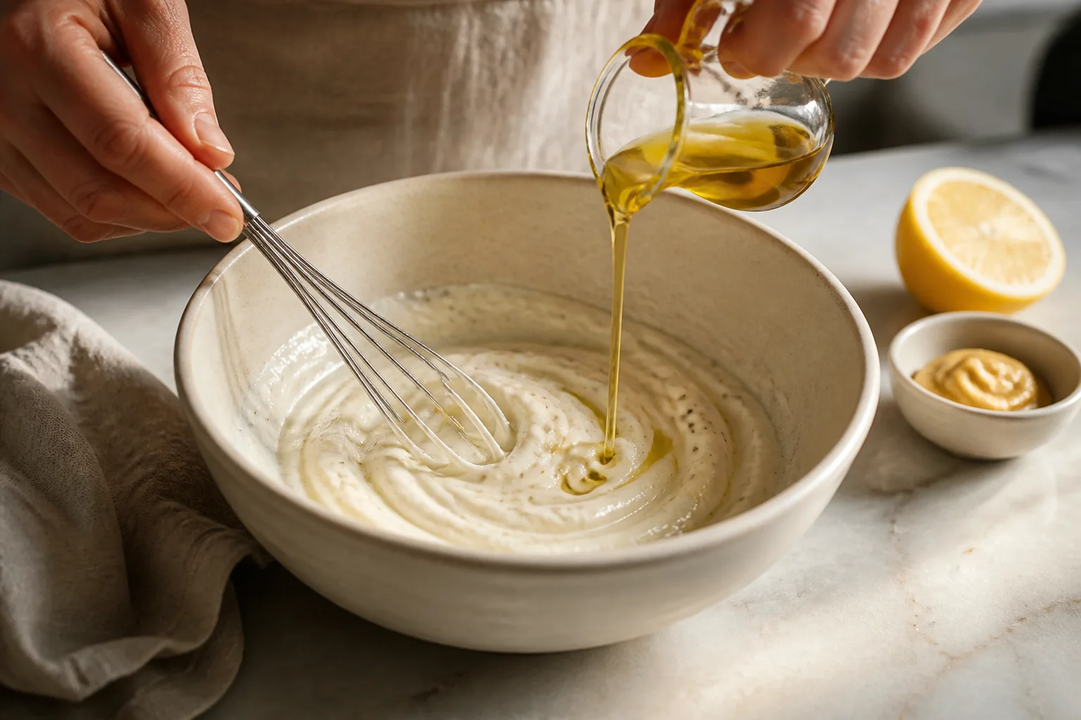 Olive oil being whisked gradually into seasoned Greek yogurt in a ceramic bowl