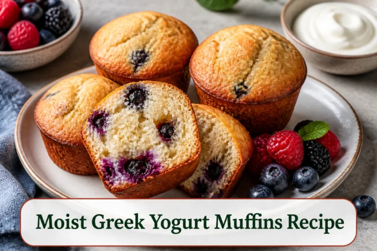 Golden domed Greek yogurt muffins with a tender split crumb, berries and a small bowl of yogurt nearby.; title text reads Moist Greek Yogurt Muffins Recipe