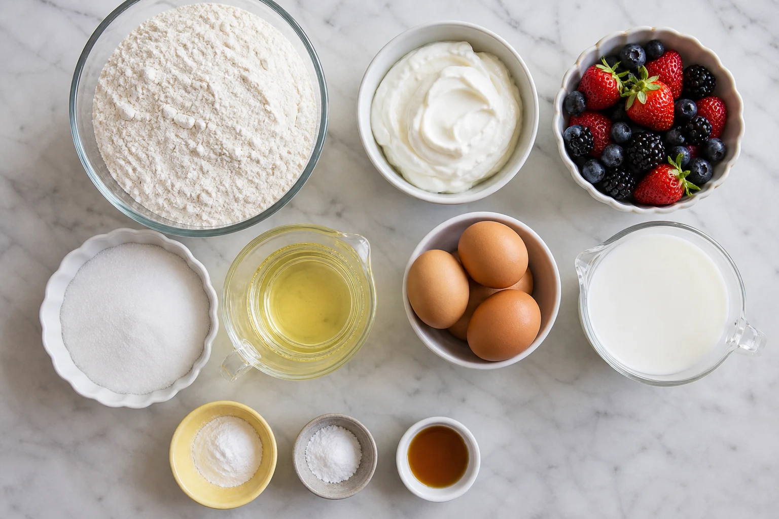Flour, baking powder, soda, eggs, Greek yogurt, sugar, oil, milk, vanilla and berries arranged for baking.