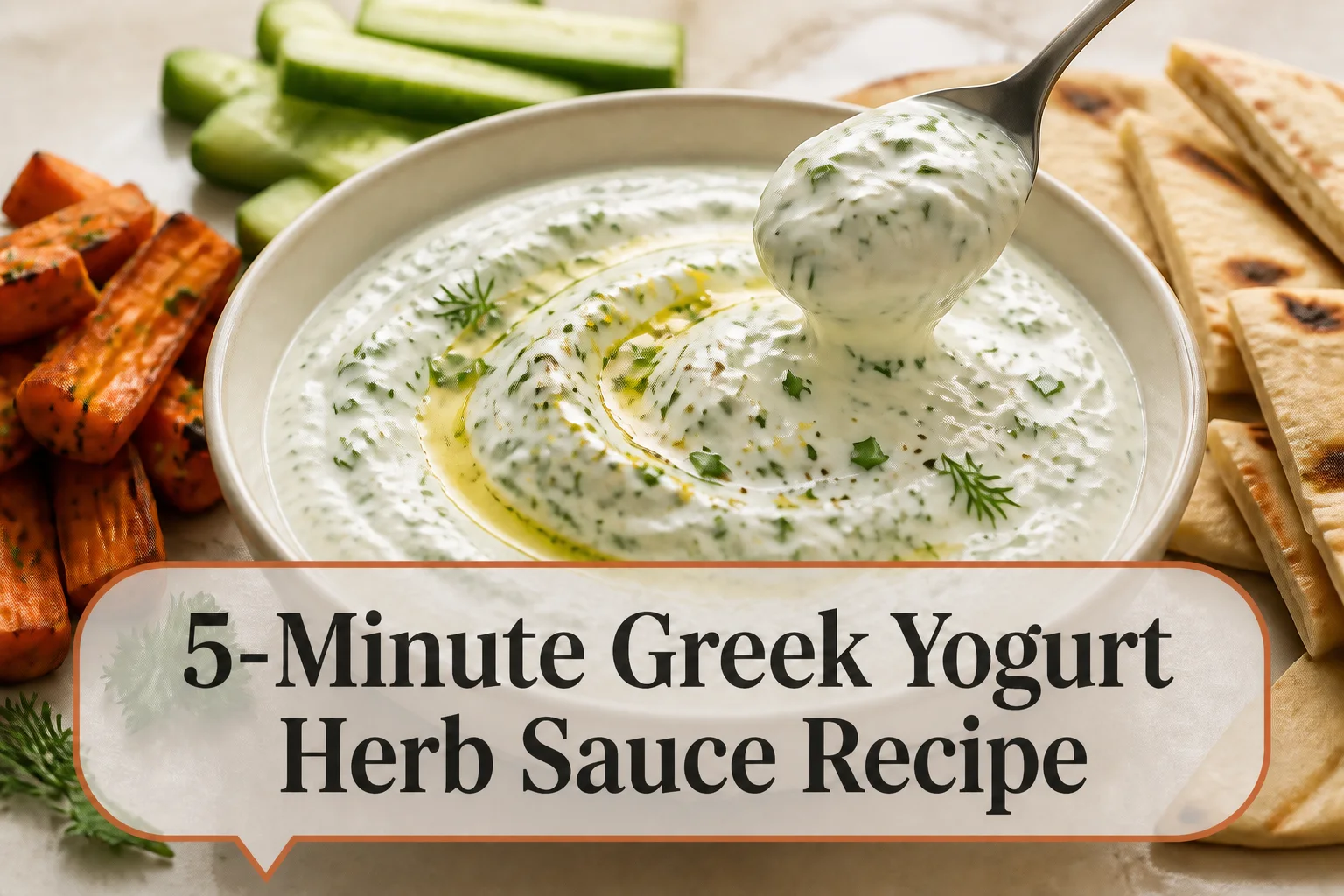 Yogurt herb sauce with title reading 5-Minute Greek Yogurt Herb Sauce Recipe