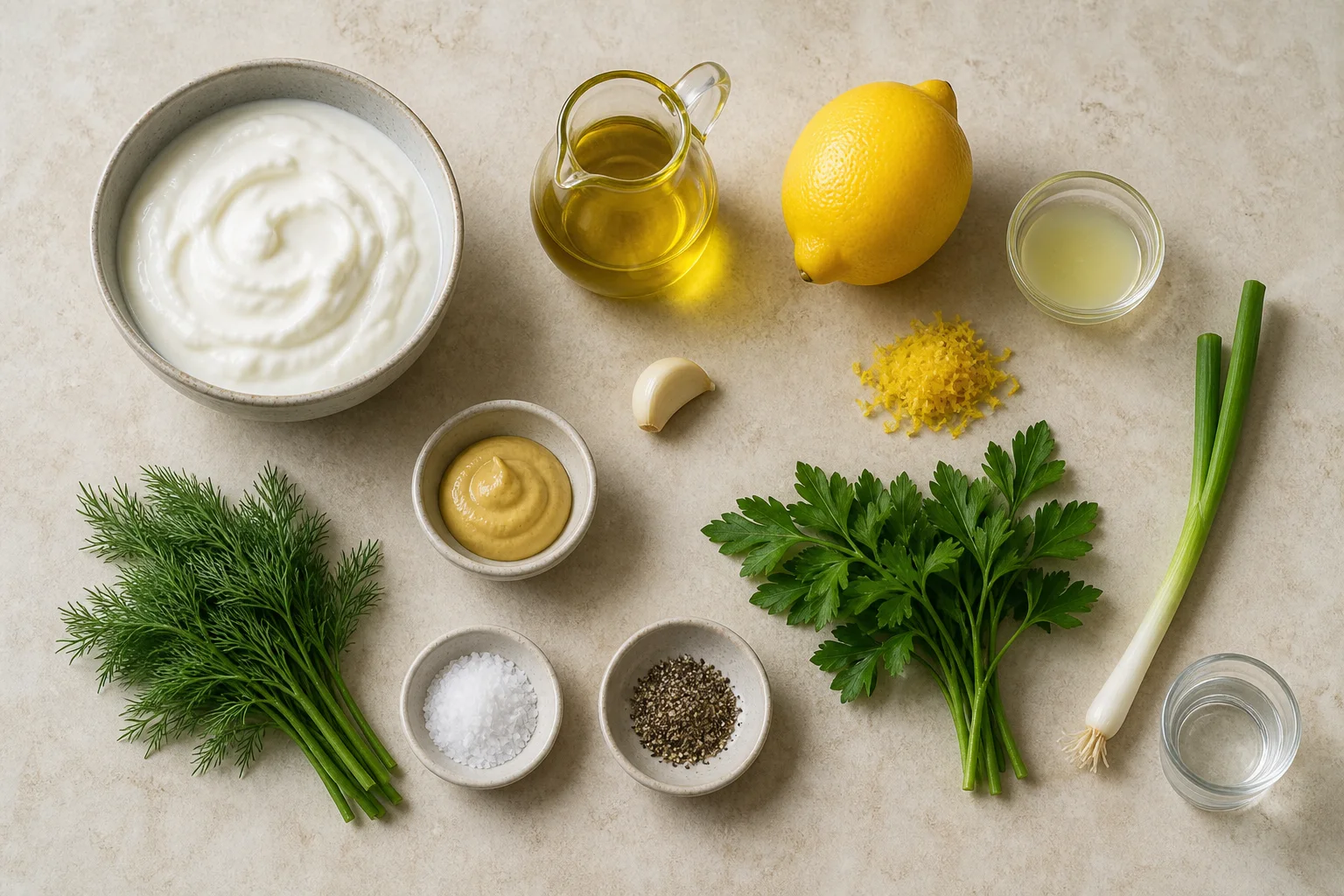 Greek yogurt, lemon, garlic, olive oil, Dijon, dill, parsley, scallion, salt and pepper