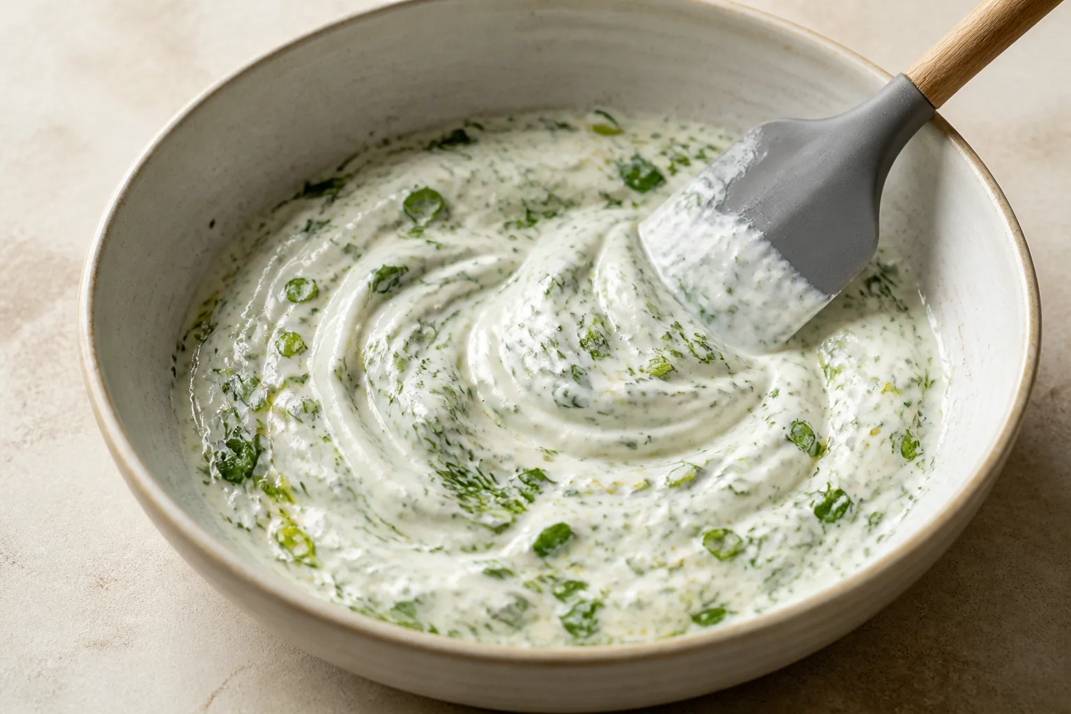 Thick yogurt sauce with chopped dill, parsley and scallion being folded in a bowl