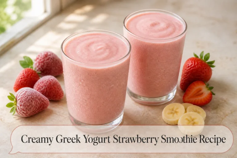Strawberry smoothie with title reading Creamy Greek Yogurt Strawberry Smoothie Recipe