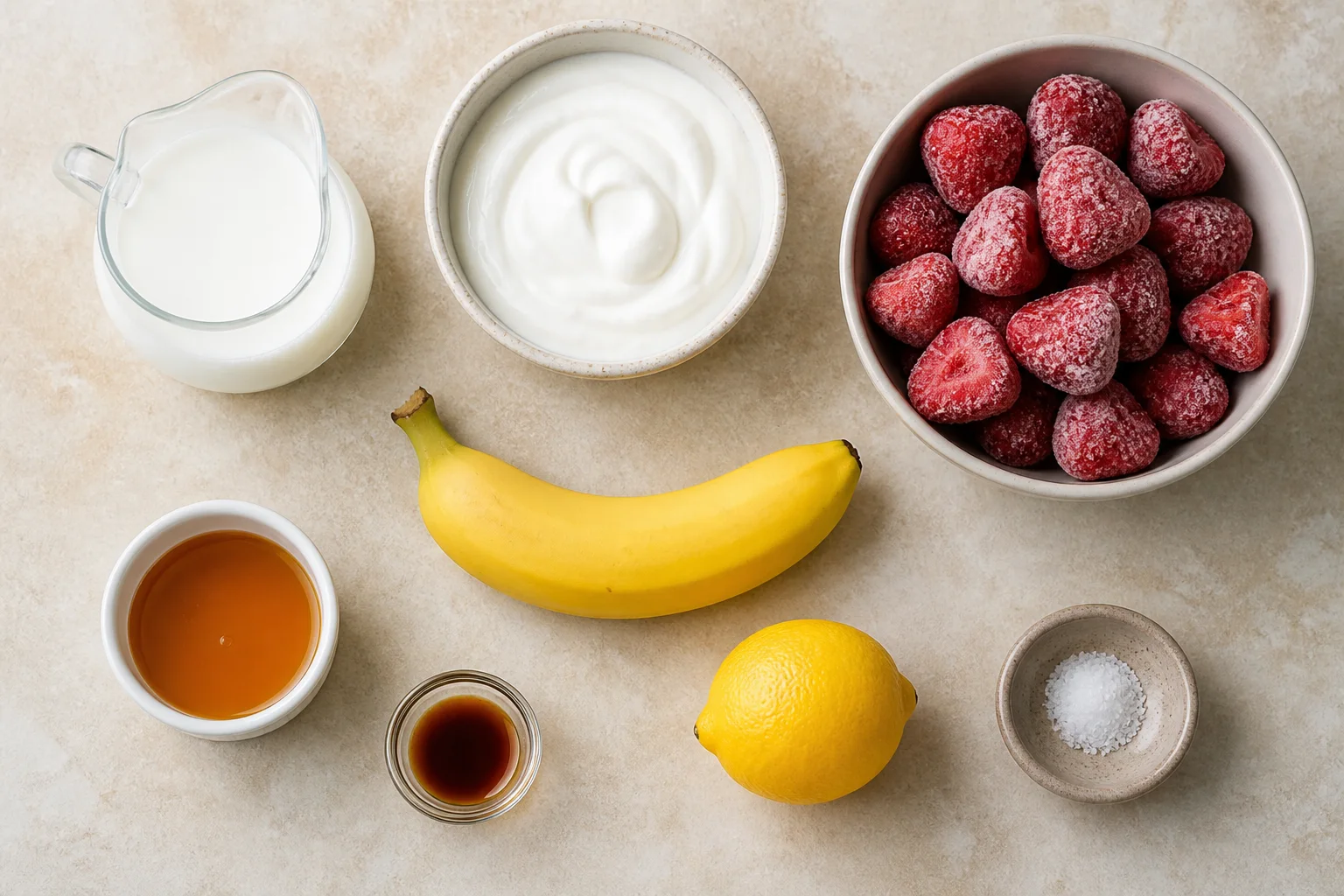 Milk, Greek yogurt, banana, frozen strawberries, honey, vanilla, lemon and salt