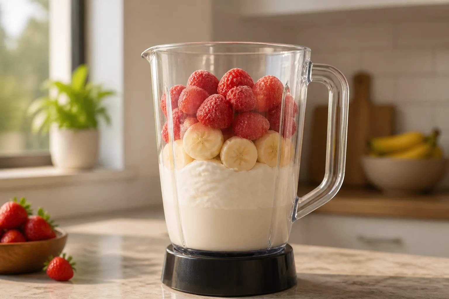 Blender loaded with milk and Greek yogurt by the blades, banana in the middle and frozen strawberries on top