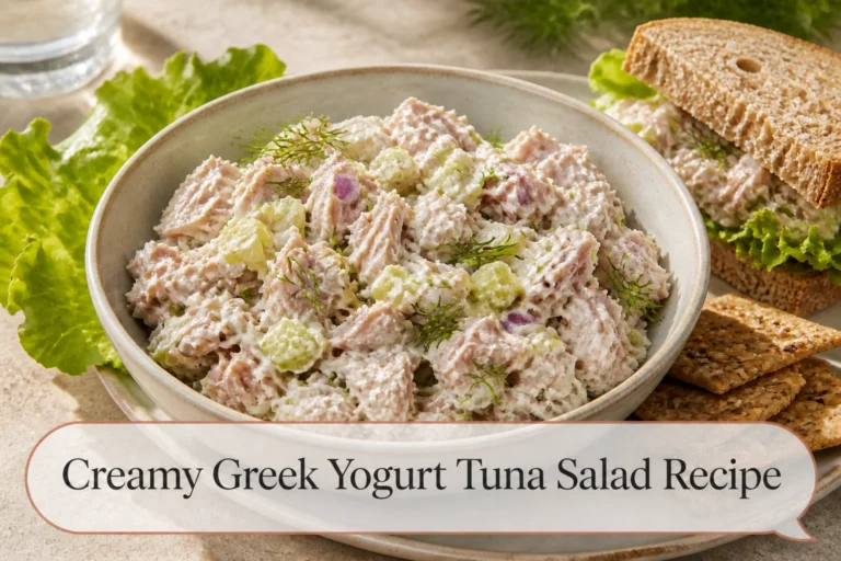 Greek yogurt tuna salad with title reading Creamy Greek Yogurt Tuna Salad Recipe