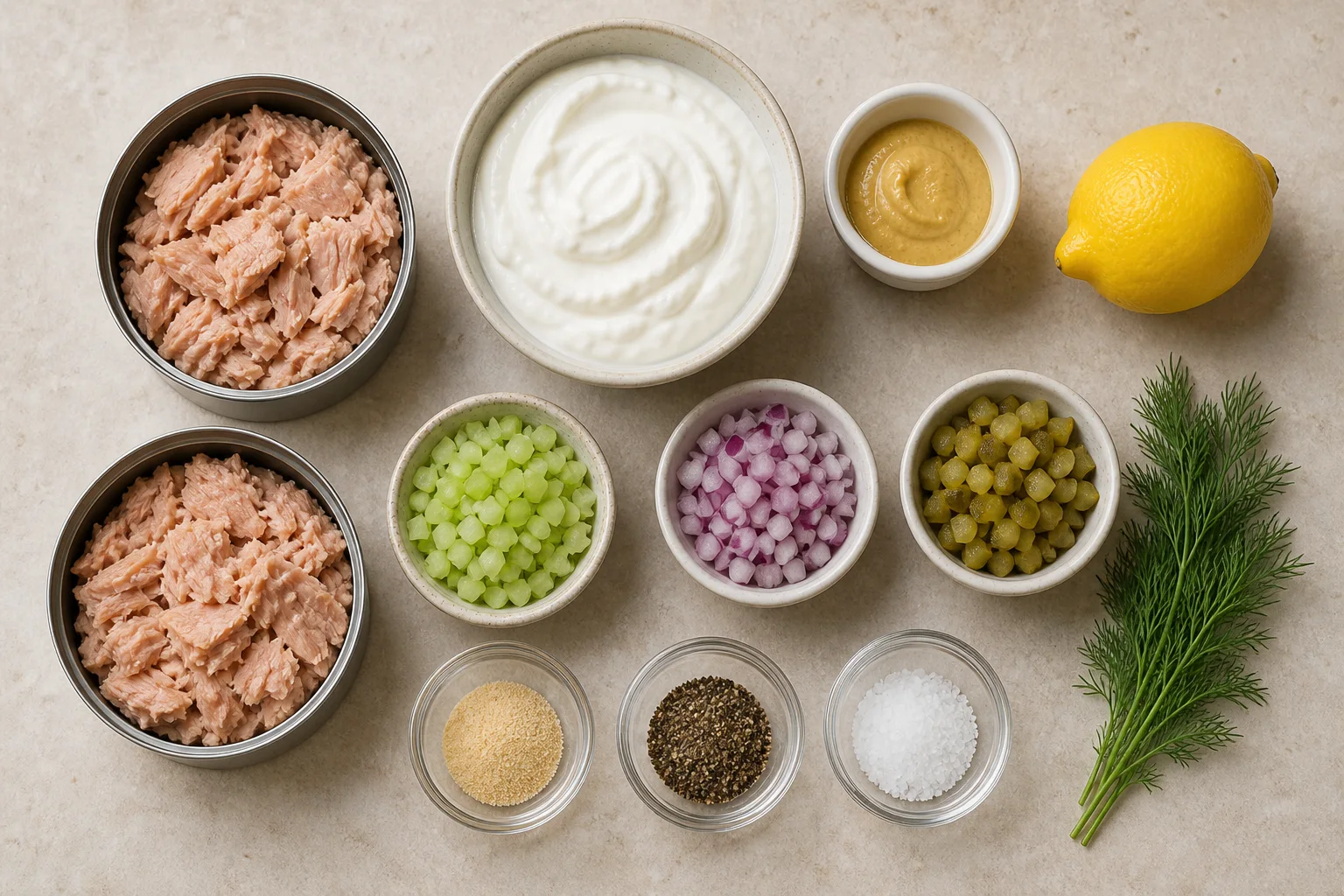 Tuna, Greek yogurt, Dijon, lemon, celery, red onion, dill pickles, dill, garlic powder and black pepper