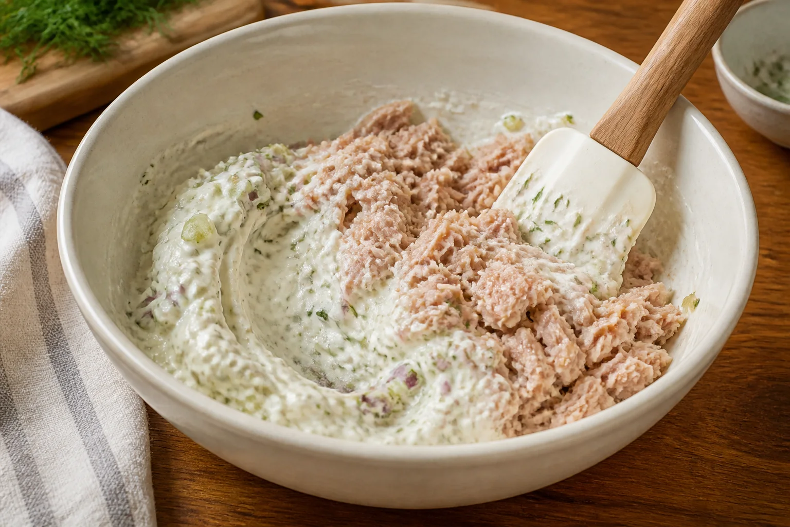 Drained tuna being gently folded into Greek yogurt dressing with chopped celery and dill