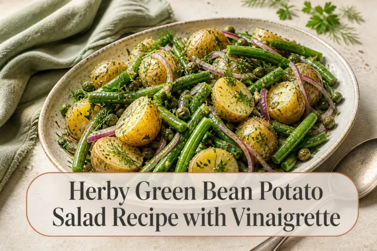 Potato and green bean salad with title reading Herby Green Bean Potato Salad Recipe with Vinaigrette