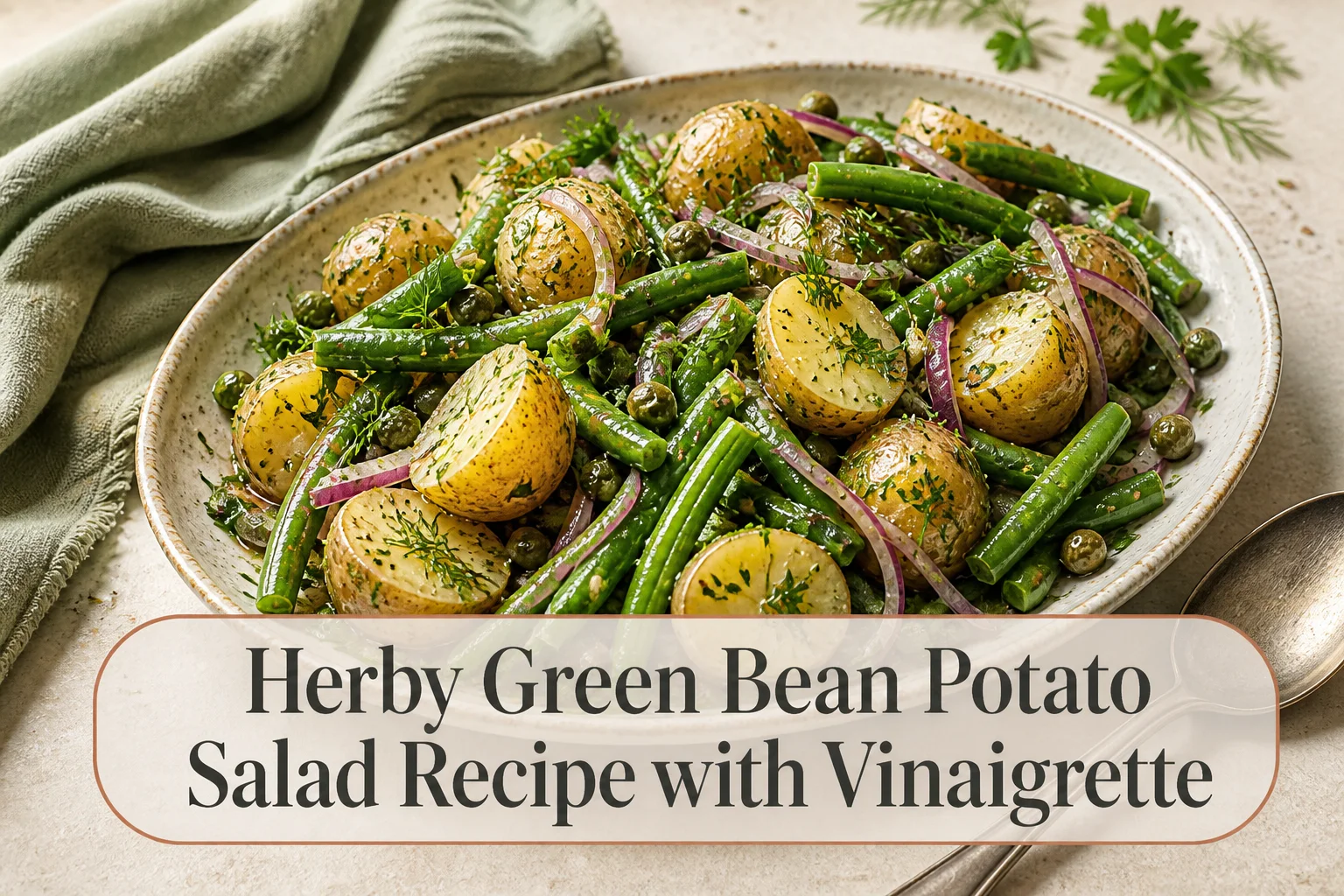 Potato and green bean salad with title reading Herby Green Bean Potato Salad Recipe with Vinaigrette