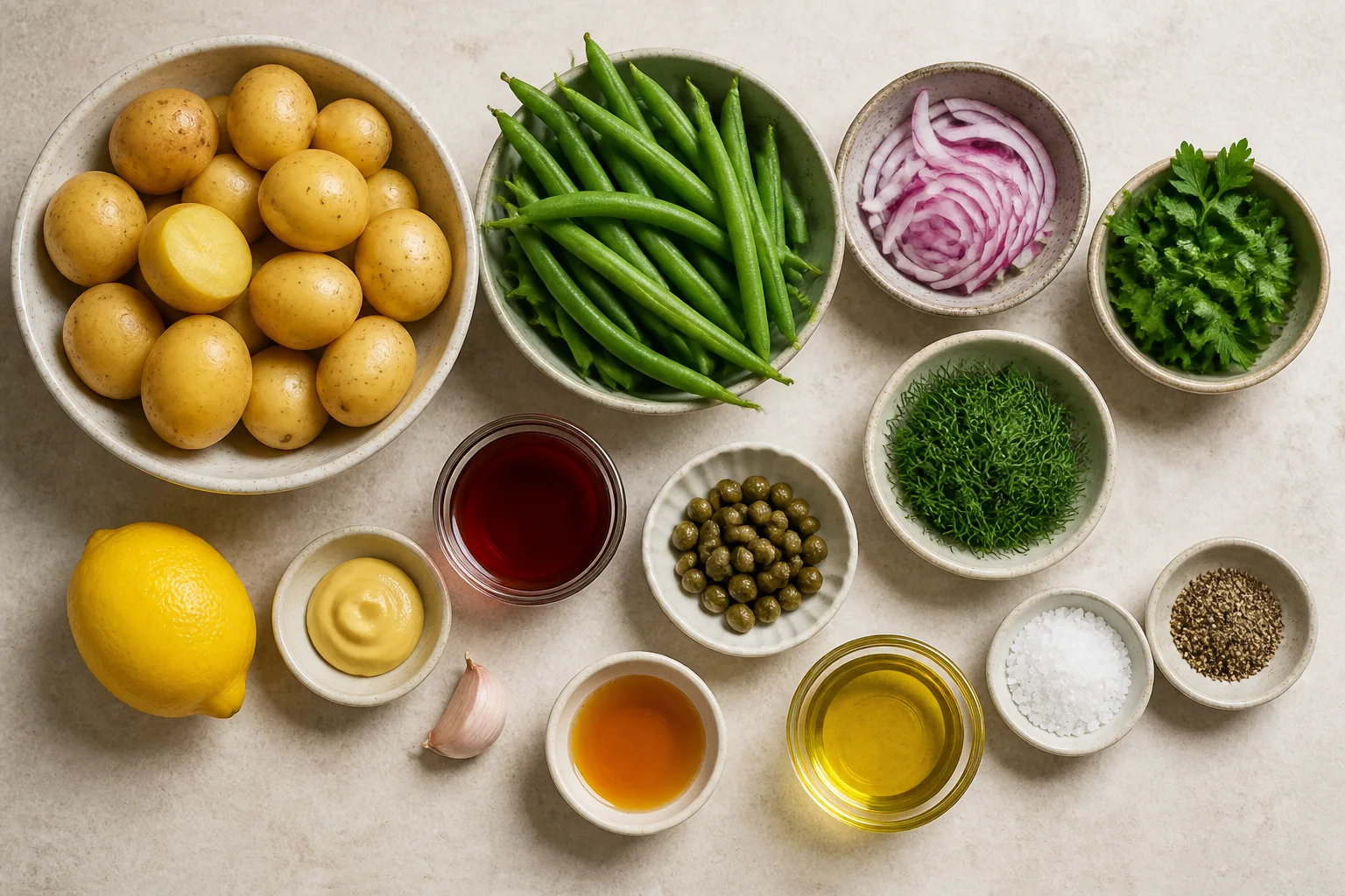 Yukon Gold potatoes, fresh green beans, red onion, parsley, dill, capers, red wine vinegar, lemon, Dijon, garlic, honey and olive oil