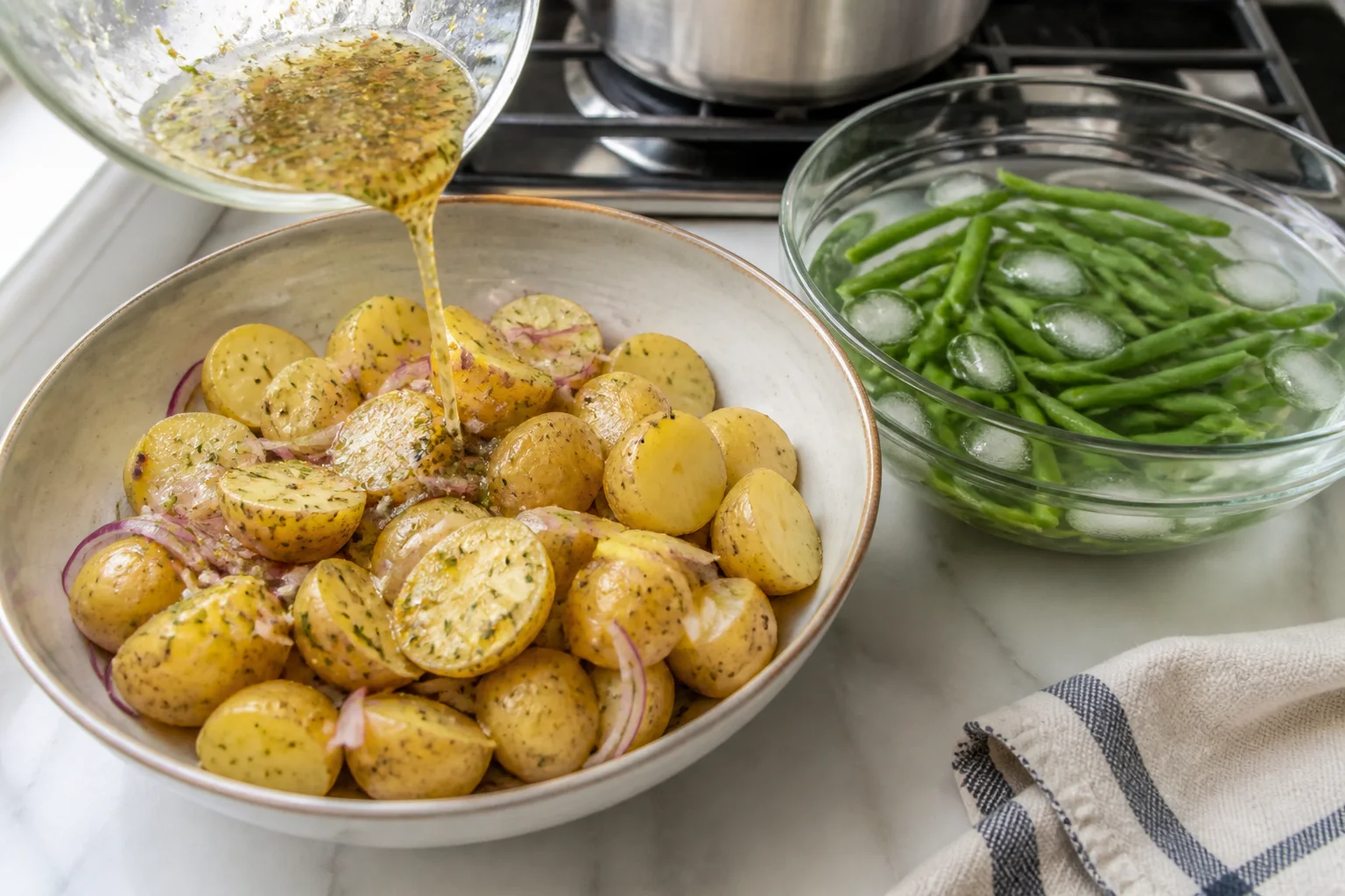 Warm cooked Yukon Gold potatoes being folded with vinaigrette while blanched green beans chill separately in ice water