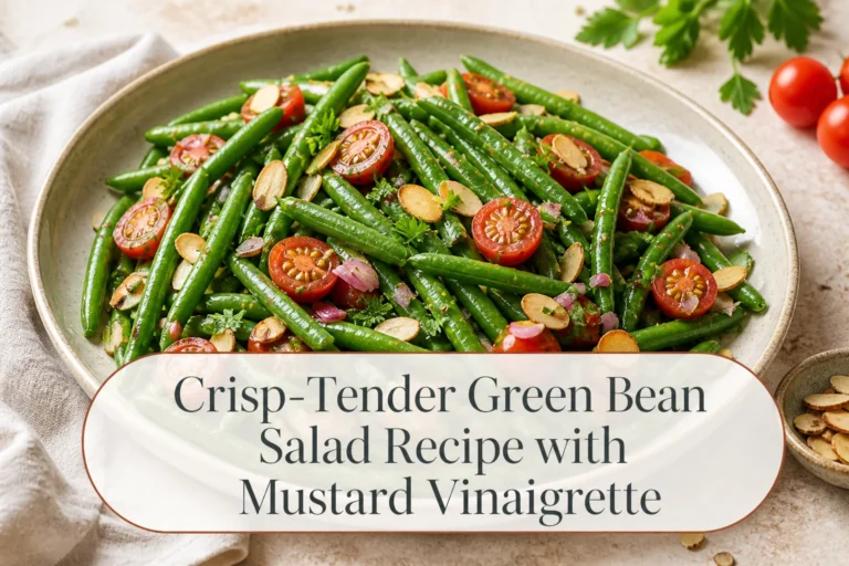 Green bean salad with title reading Crisp-Tender Green Bean Salad Recipe with Mustard Vinaigrette