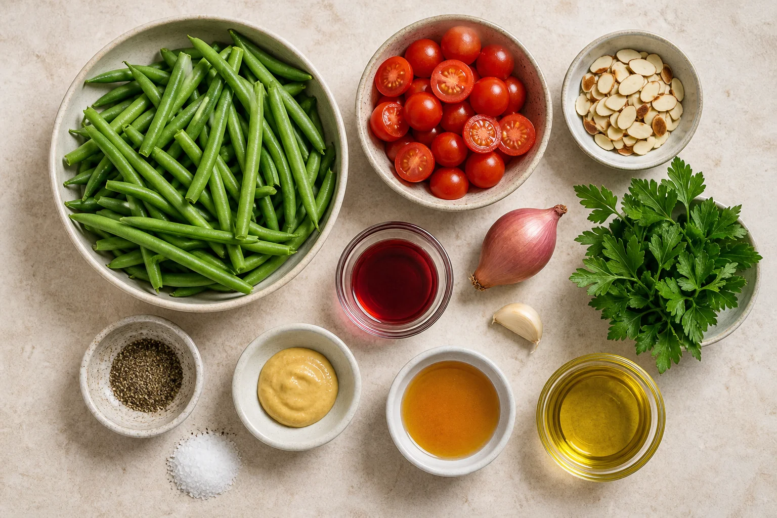 Fresh green beans, cherry tomatoes, shallot, parsley, almonds, red wine vinegar, Dijon, honey, garlic, olive oil, salt and pepper