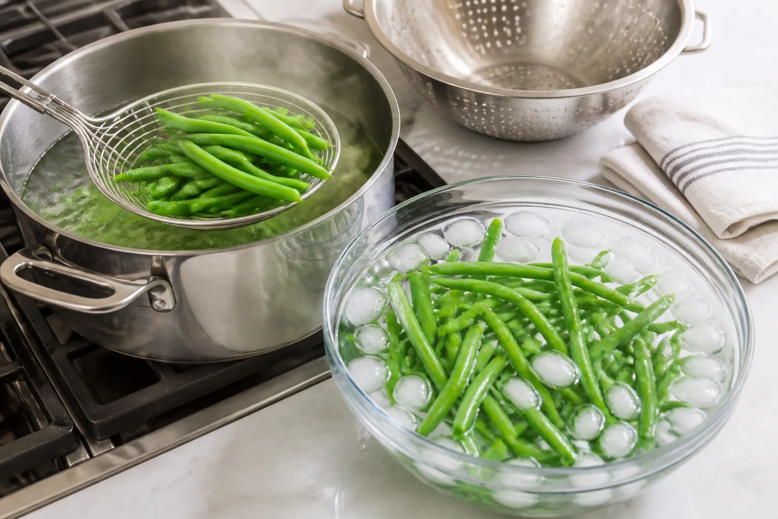 Bright green blanched beans being transferred from boiling water into a large ice bath