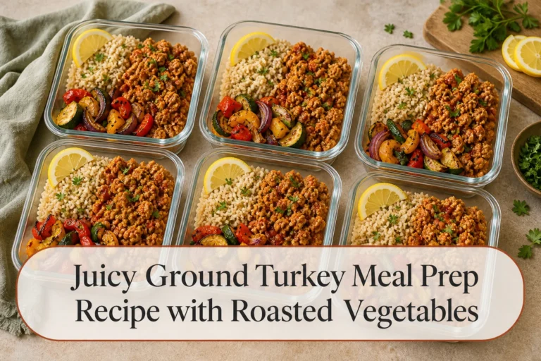 Ground turkey meal prep bowls with title reading Juicy Ground Turkey Meal Prep Recipe with Roasted Vegetables