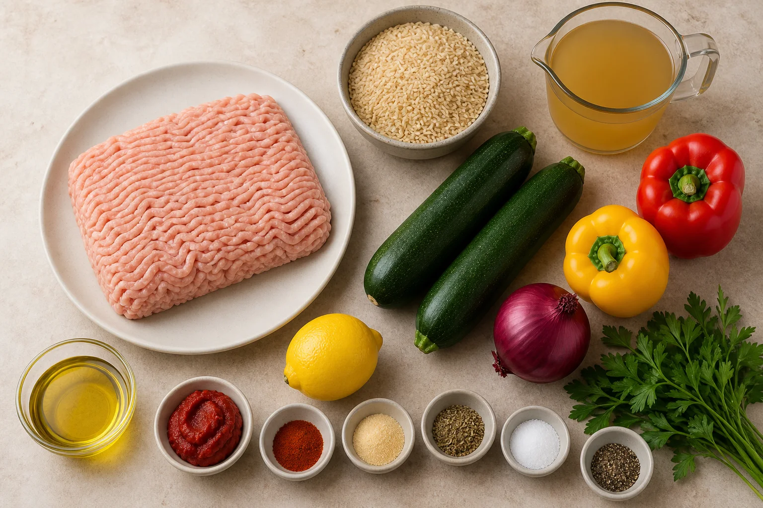 Ground turkey, brown rice, zucchini, bell peppers, red onion, tomato paste, broth, lemon, parsley, olive oil and spices