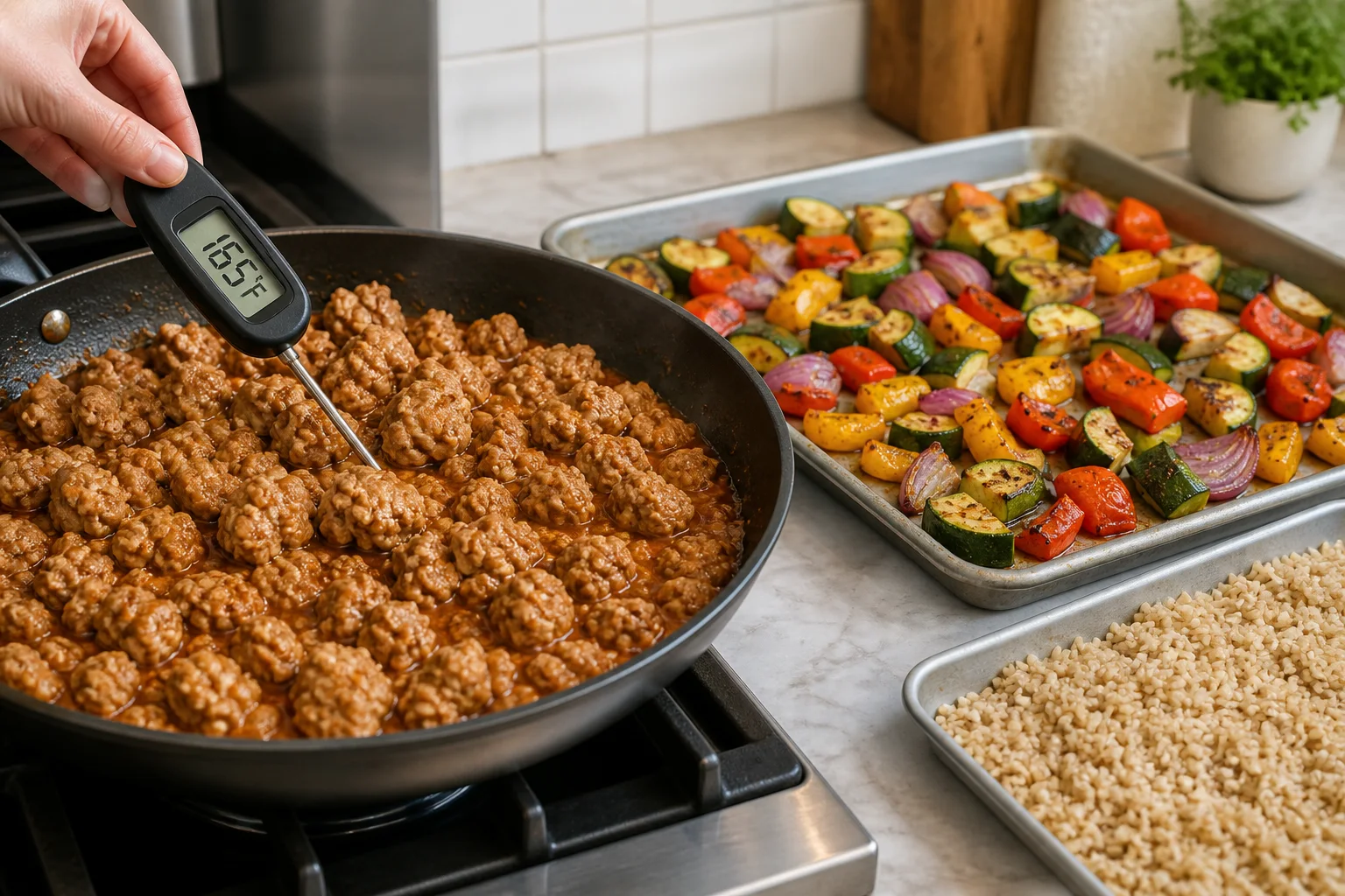 Large ground turkey crumbles in a skillet being checked with a food thermometer beside roasted vegetables