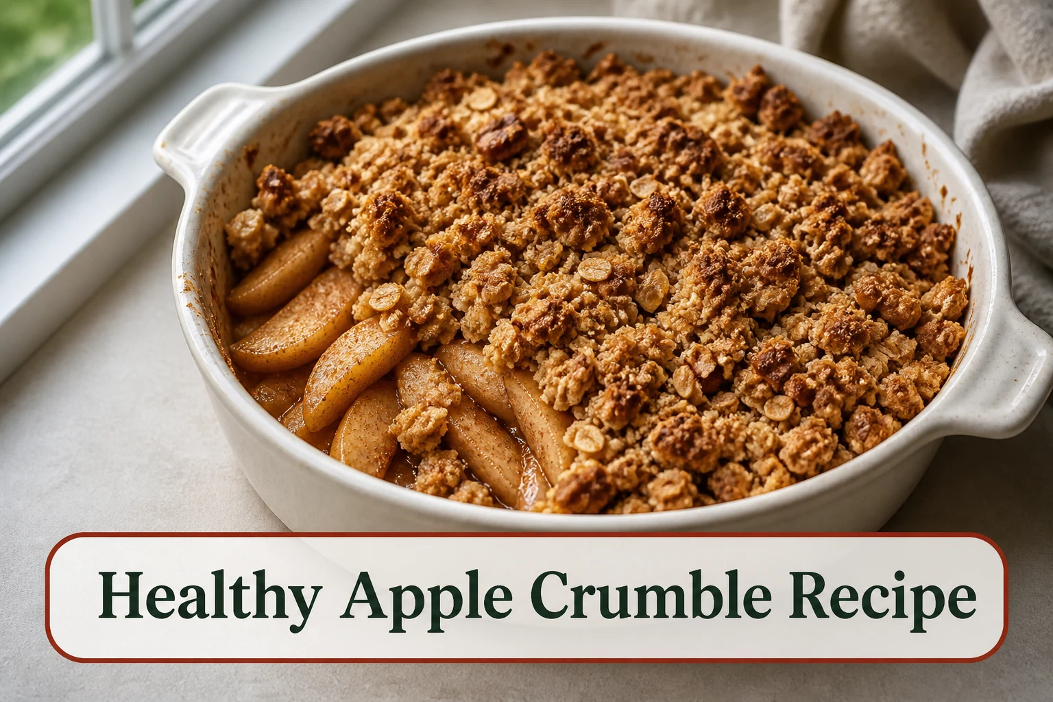 Healthy apple crumble in a cream baking dish, juicy cinnamon apple slices under a golden oat-walnut topping with crisp natural clusters and no syrup pool. The lower title bubble reads Healthy Apple Crumble Recipe.
