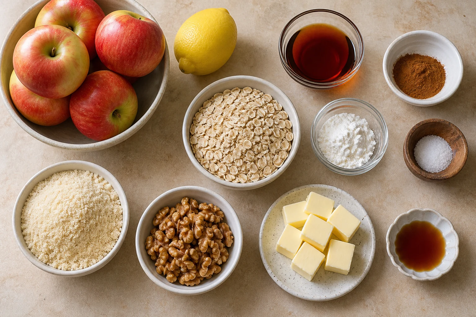 Fresh apples, lemon, maple syrup, cinnamon, cornstarch, salt, rolled oats, almond flour, walnuts, butter and vanilla measured overhead.