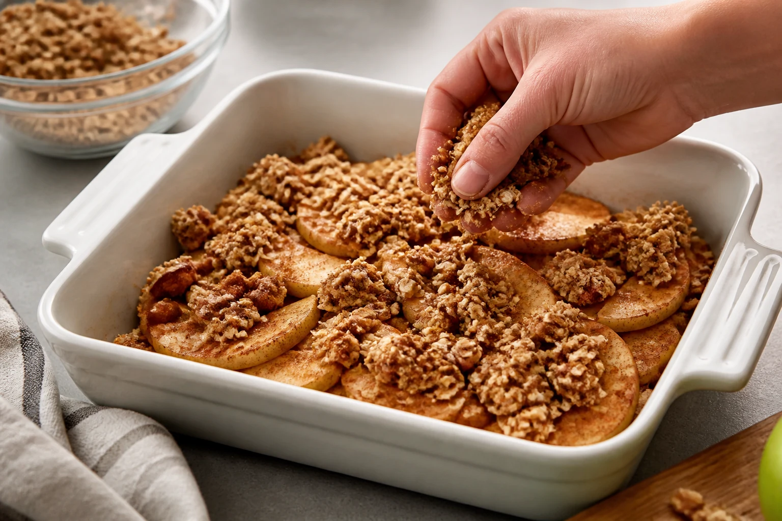 Cinnamon apple slices in a square baking dish being scattered with loose oat-almond-walnut crumble clusters before baking.