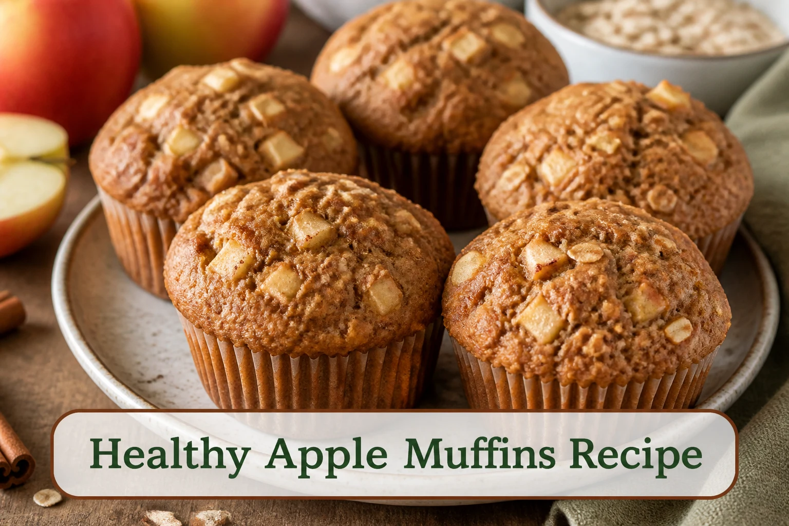 Cinnamon apple muffins with visible diced apples and domed oat-speckled tops.; title text reads Healthy Apple Muffins Recipe