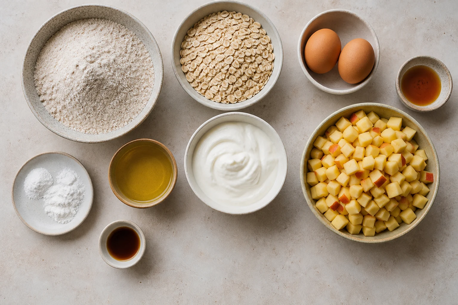 Whole-wheat flour, oats, leaveners, eggs, Greek yogurt, maple syrup, oil, vanilla and prepared apple.