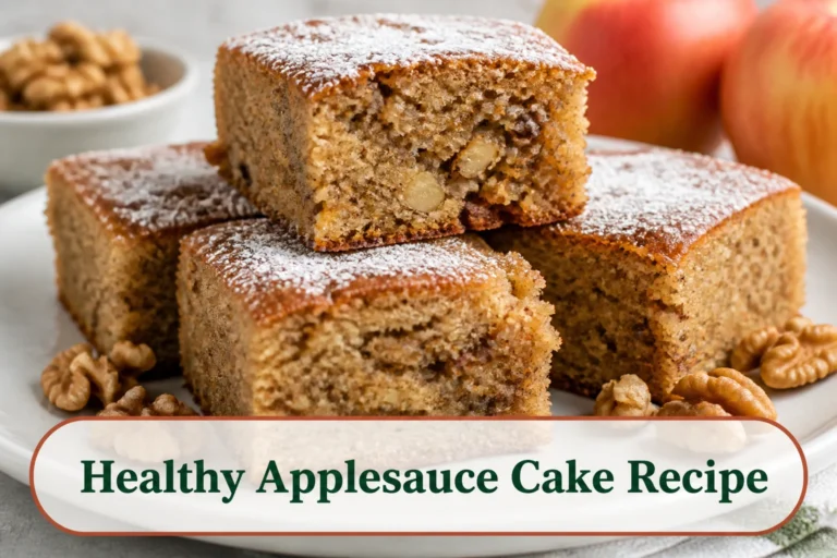 Moist square slices of spiced applesauce cake with walnut flecks and a light powdered finish on a simple plate.; title text reads Healthy Applesauce Cake Recipe