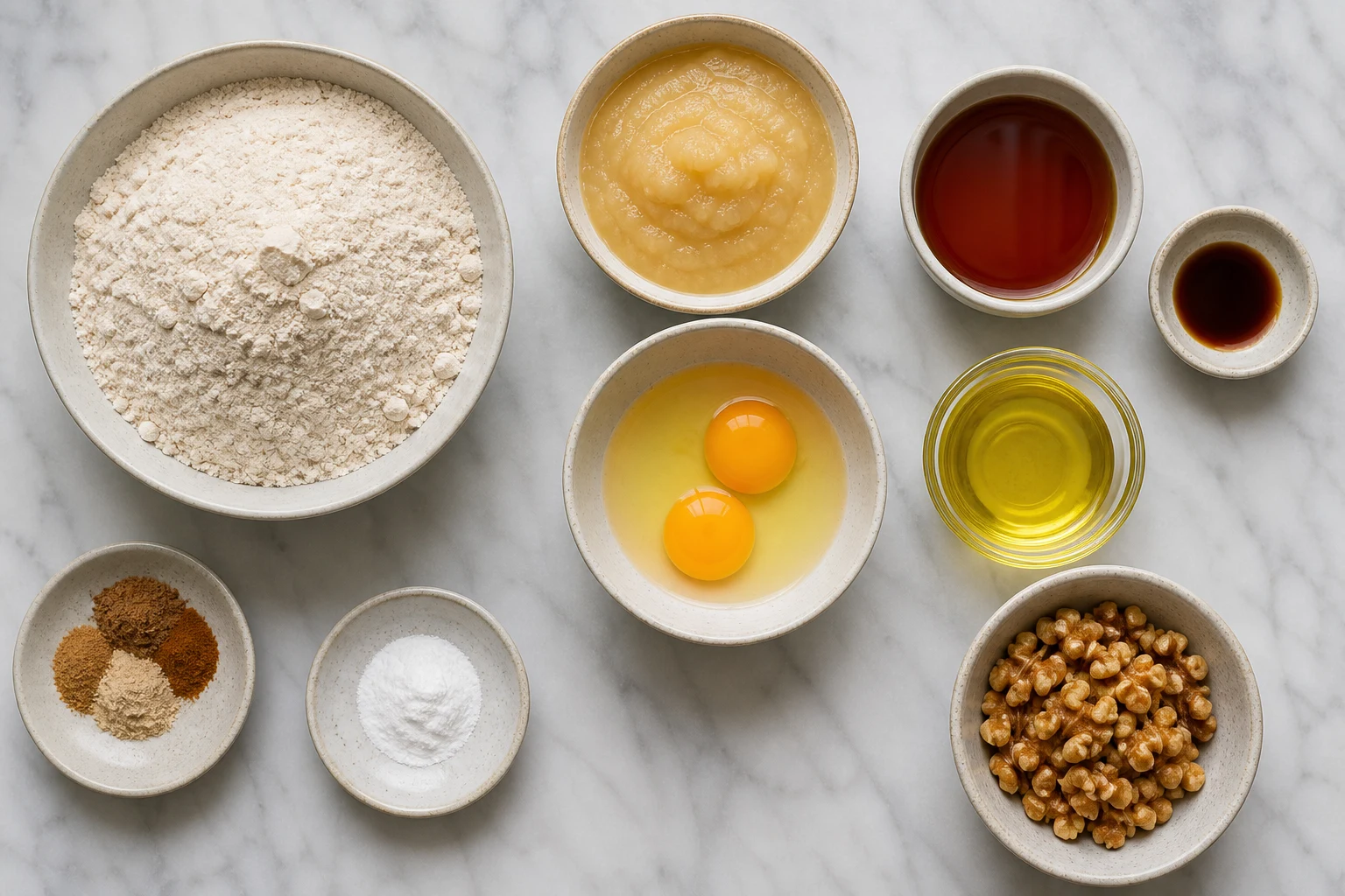 Whole-wheat flour, baking soda, spices, applesauce, eggs, maple syrup, oil, vanilla and walnuts.