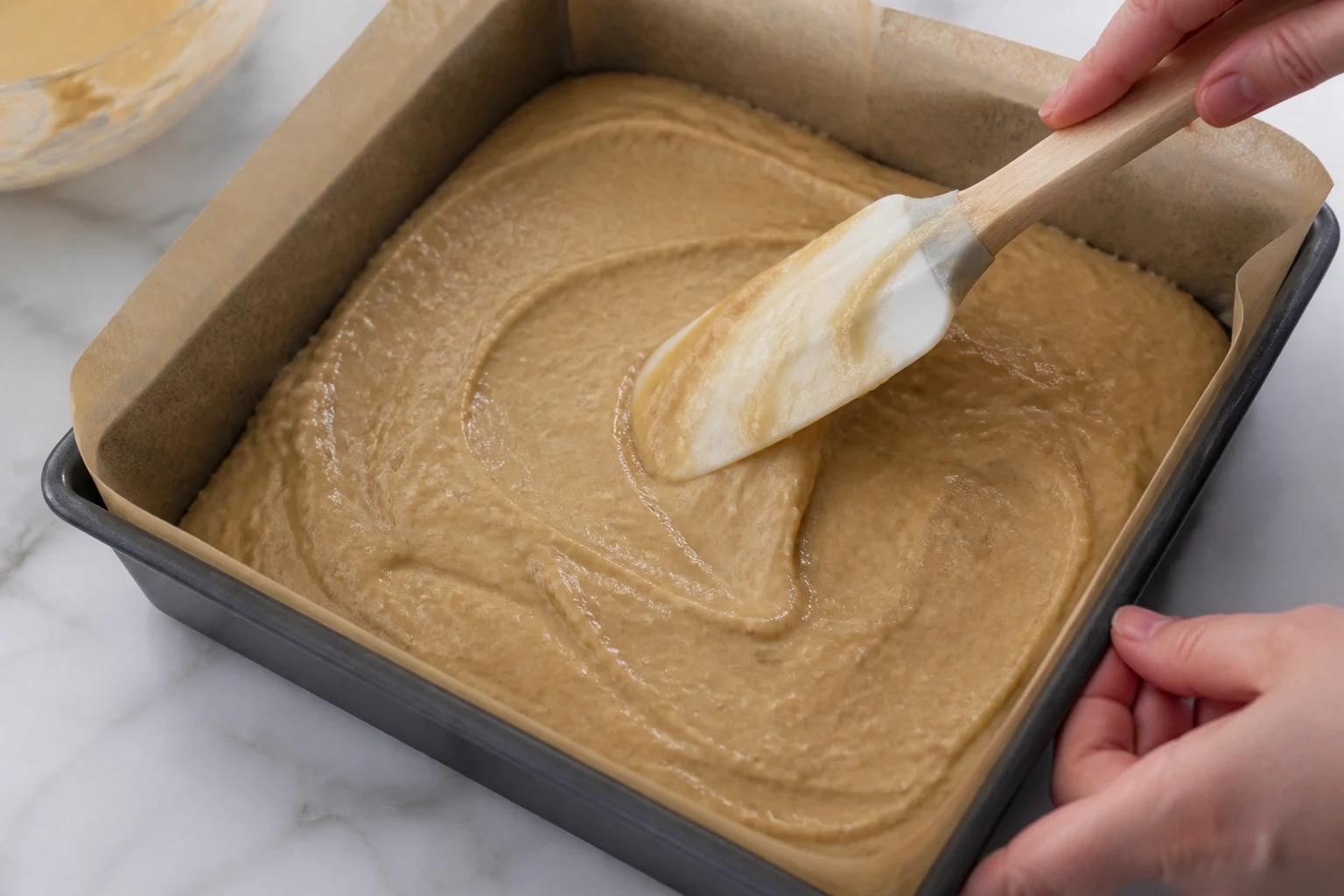 Smooth applesauce cake batter being spread into a parchment-lined 9-inch square pan.