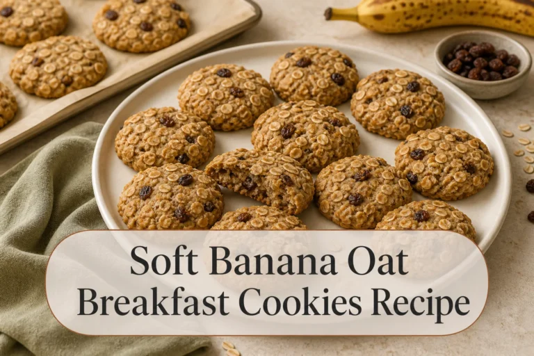 Banana oat breakfast cookies with title reading Soft Banana Oat Breakfast Cookies Recipe
