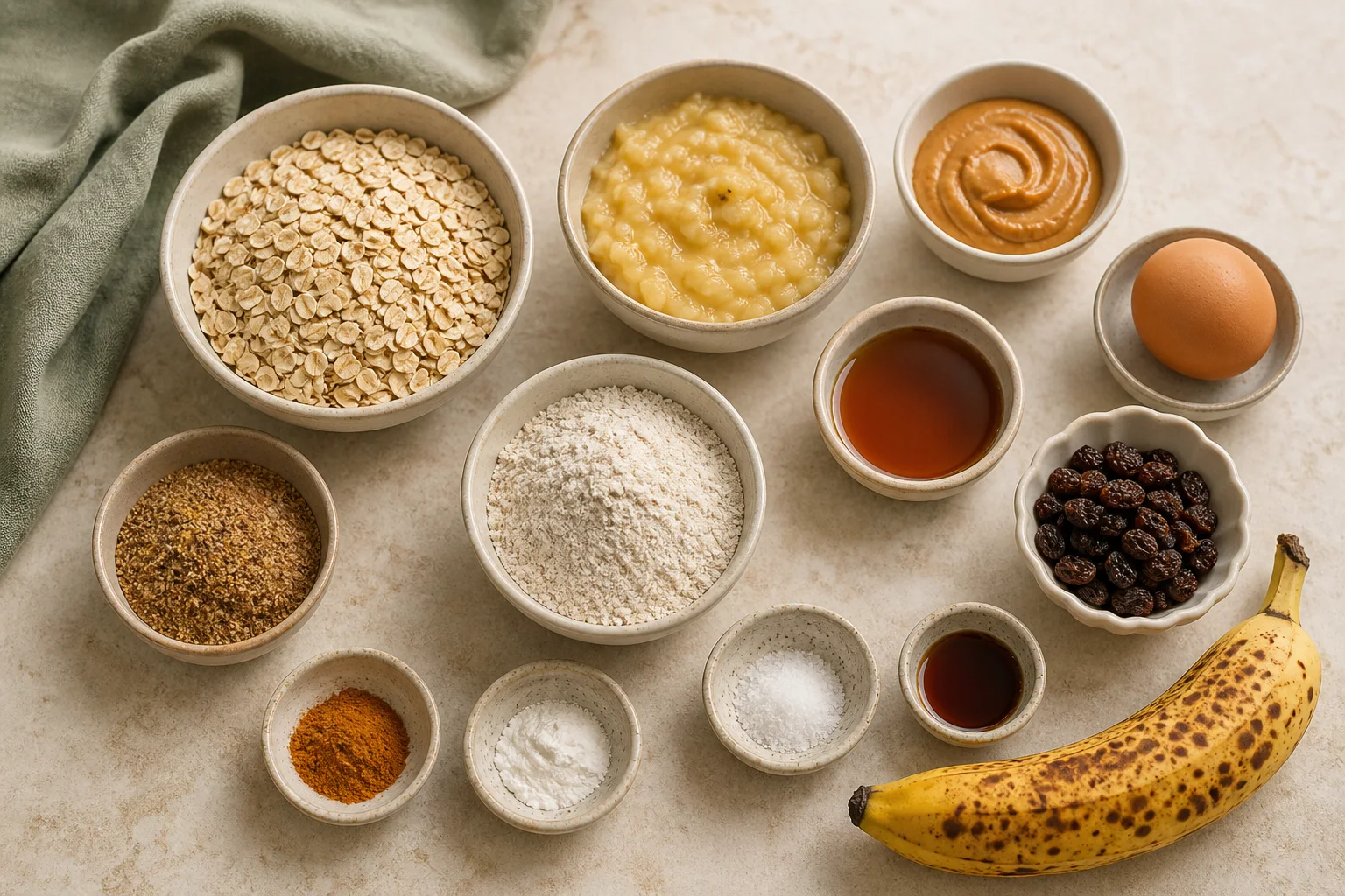 Rolled oats, oat flour, flax, cinnamon, baking powder, salt, banana, peanut butter, egg, maple syrup, vanilla and raisins