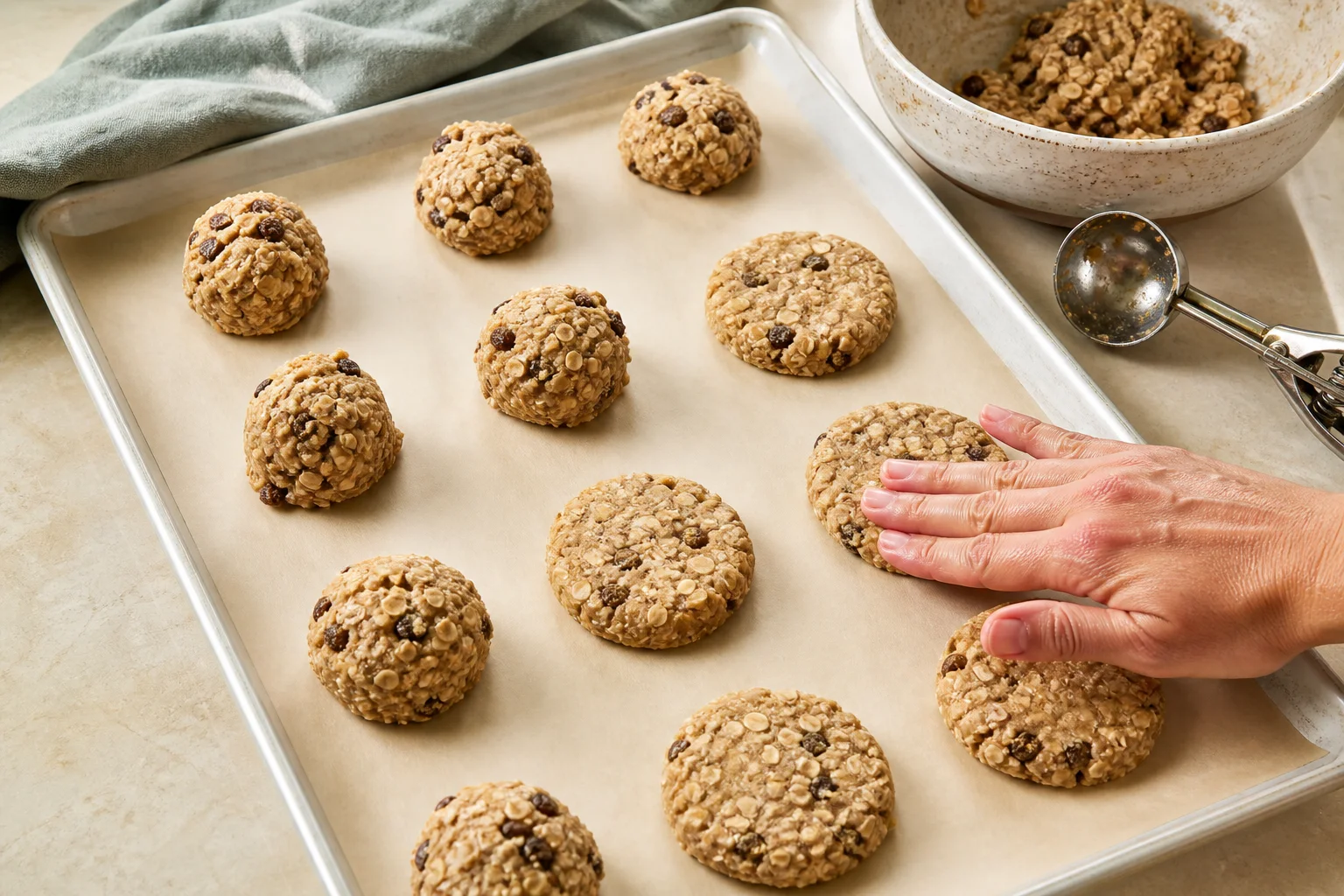 Large banana oat cookie portions being pressed into three-inch half-inch-thick disks on parchment