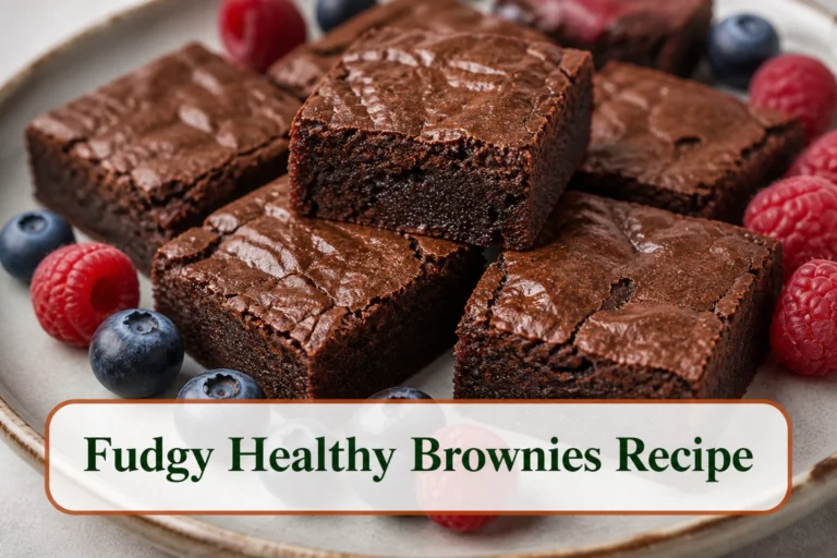 Fudgy dark cocoa brownies cut into neat squares with shiny tops, moist center visible and berries nearby.; title text reads Fudgy Healthy Brownies Recipe