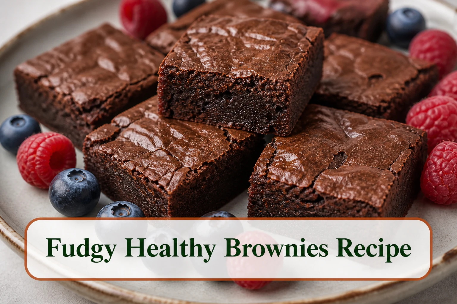Fudgy dark cocoa brownies cut into neat squares with shiny tops, moist center visible and berries nearby.; title text reads Fudgy Healthy Brownies Recipe