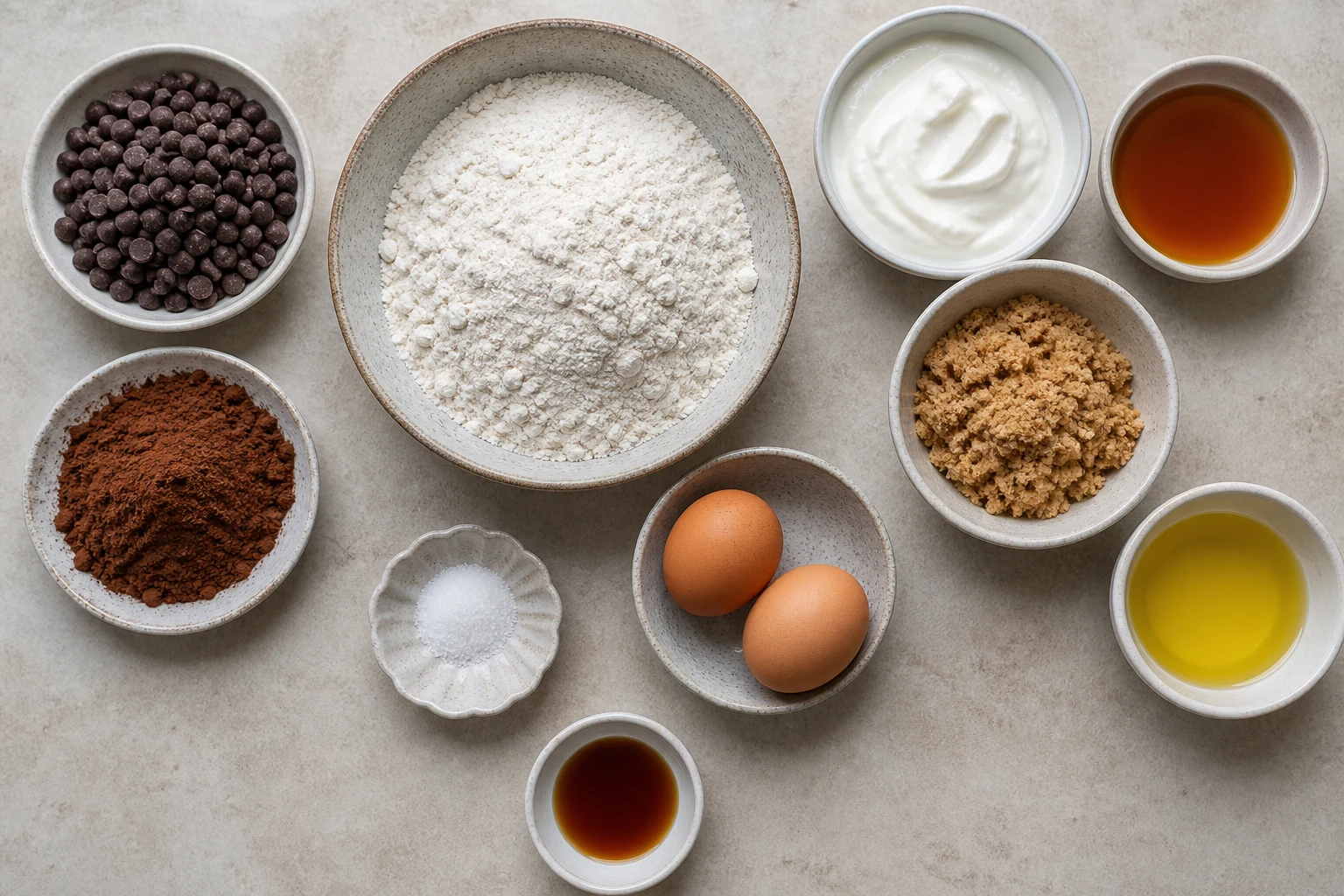 Flour, cocoa, salt, eggs, Greek yogurt, maple syrup, brown sugar, oil, vanilla and dark chips.