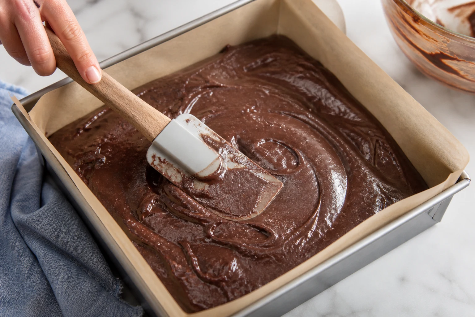 Glossy thick brownie batter being spread evenly into a parchment-lined 8-inch square pan.