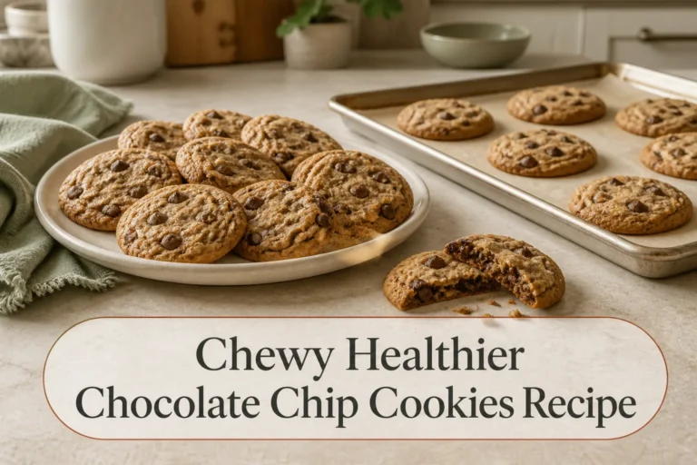 Chewy chocolate chip cookies with title reading Chewy Healthier Chocolate Chip Cookies Recipe