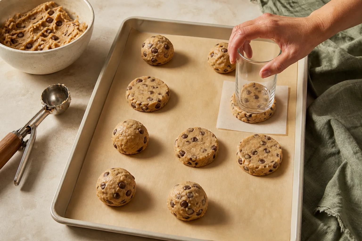Two-tablespoon chilled cookie dough portions being pressed into half-inch disks on a parchment-lined sheet pan