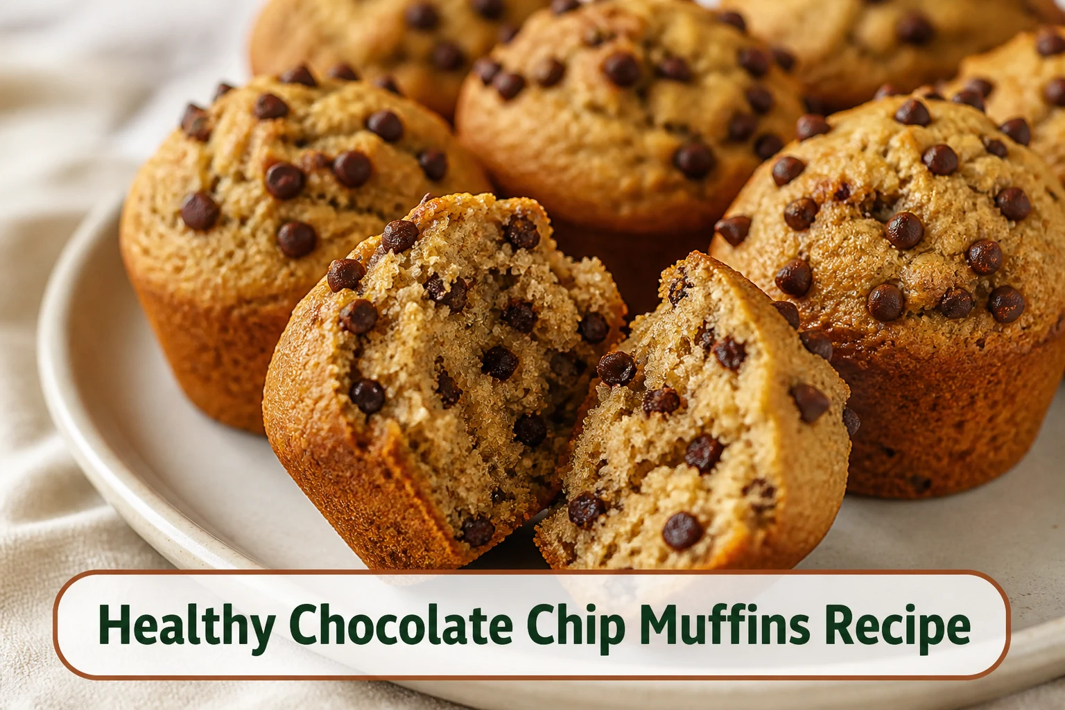 Golden whole-grain chocolate chip muffins with mini chips and a soft split center.; title text reads Healthy Chocolate Chip Muffins Recipe