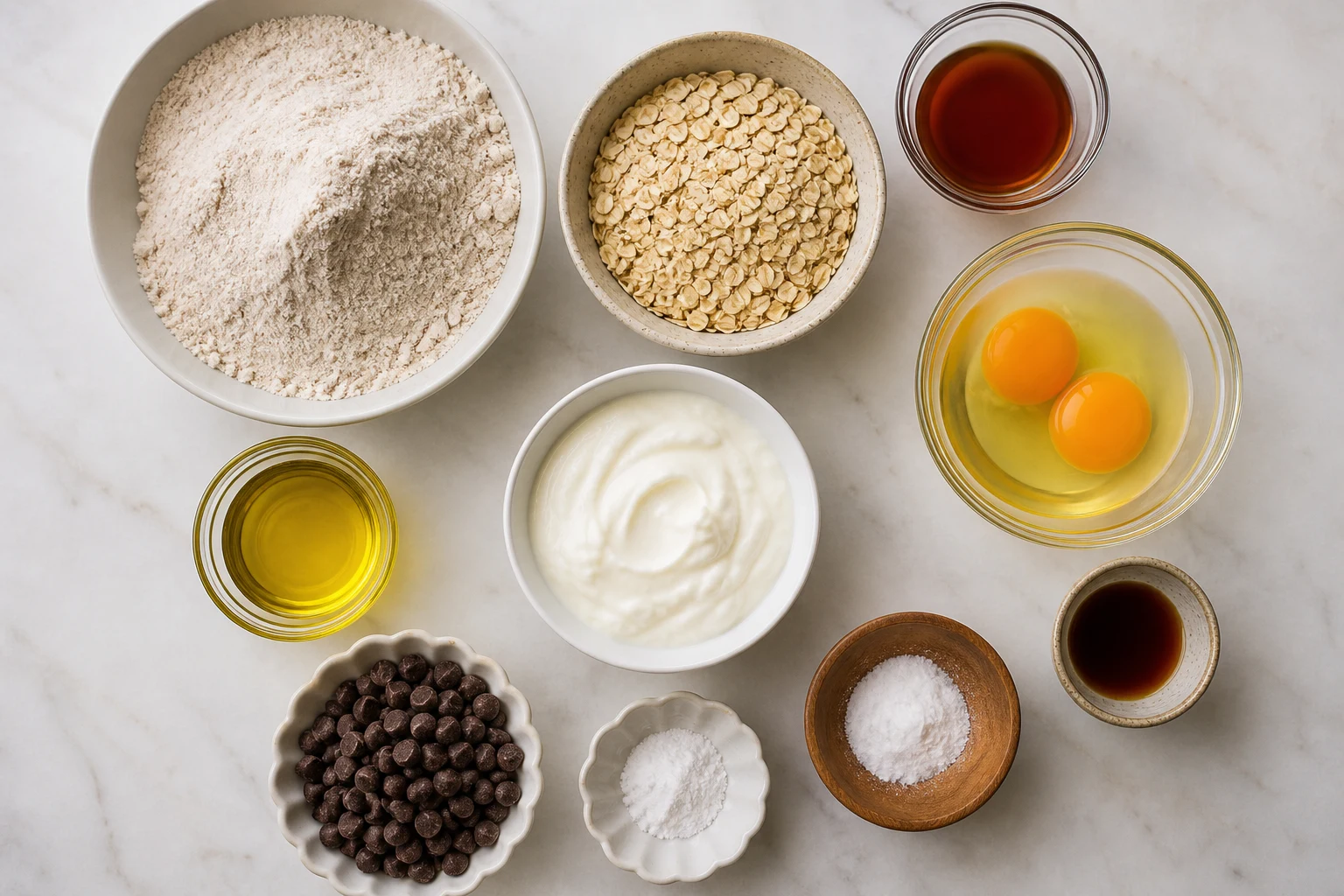 Whole-wheat flour, oats, leaveners, eggs, Greek yogurt, maple syrup, oil, vanilla and prepared chocolate chip.