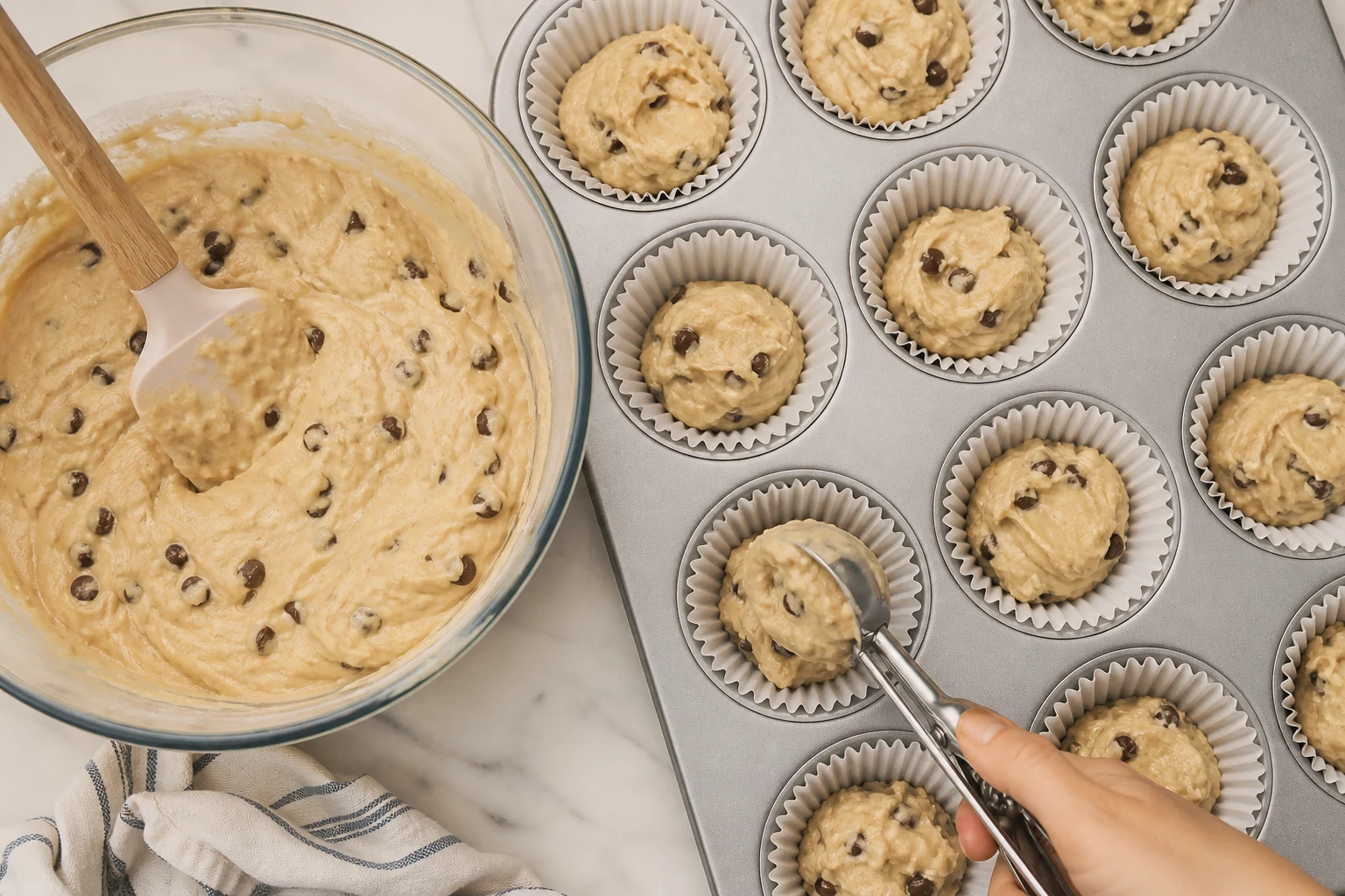 chocolate chip muffin batter being folded gently and portioned evenly into a lined 12-cup pan.