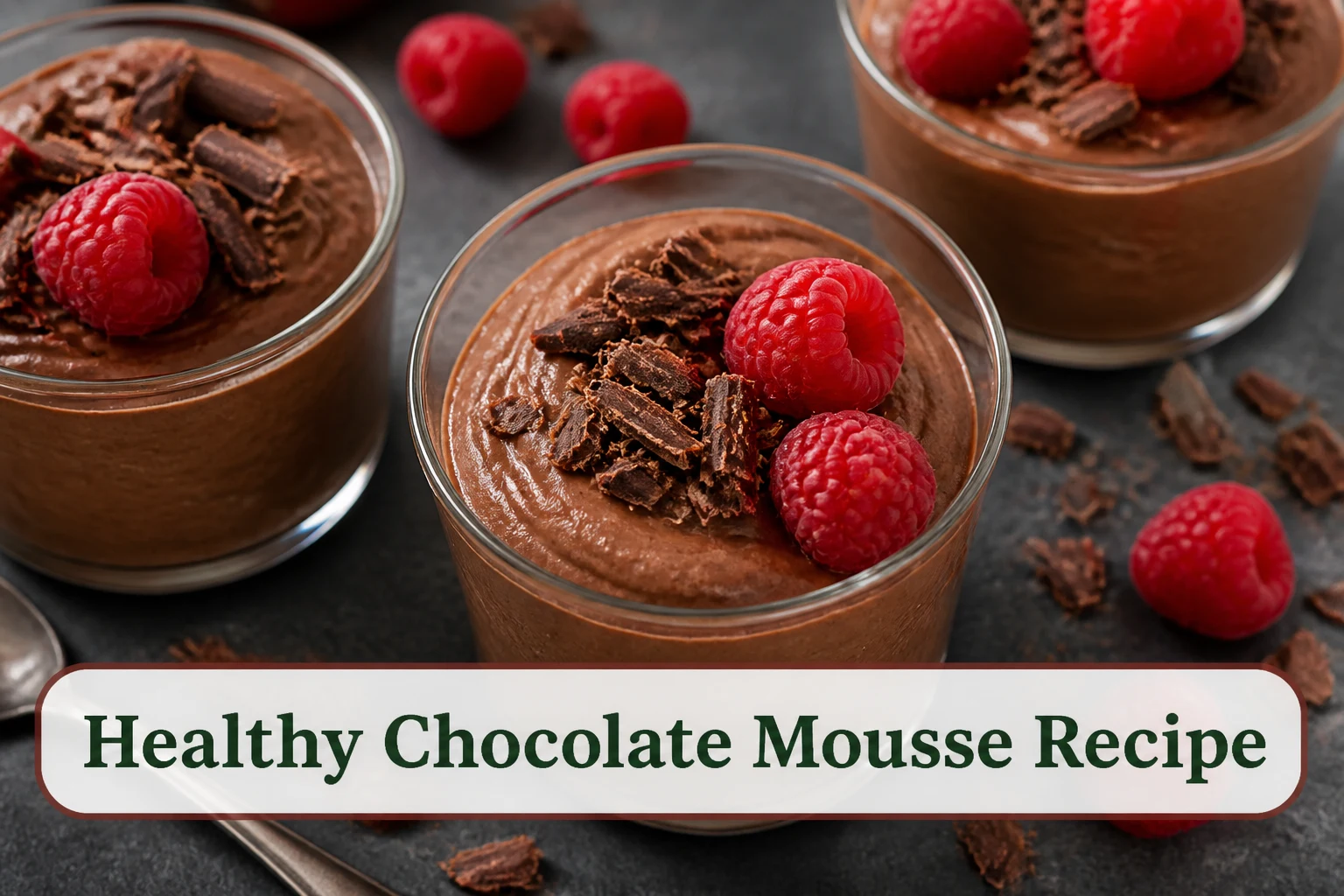 Rich healthy chocolate mousse in small glass cups with soft spoon swirls, raspberries and dark chocolate shavings.; title text reads Healthy Chocolate Mousse Recipe
