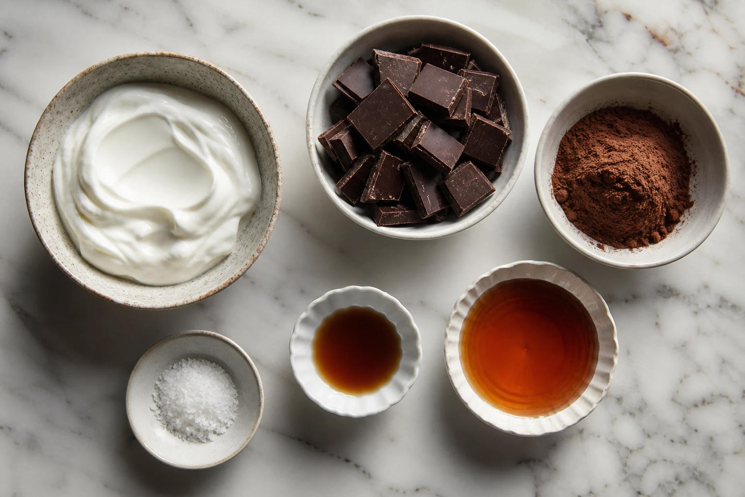 Dark chocolate, Greek yogurt, cocoa powder, maple syrup, vanilla and salt.
