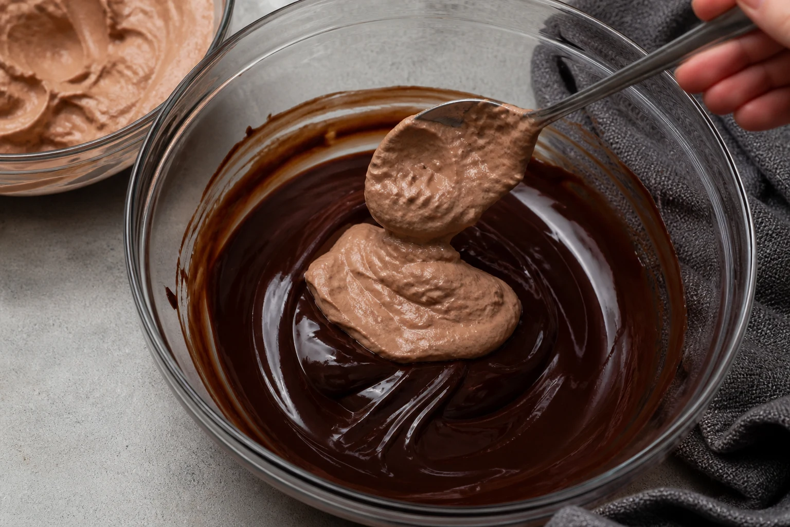 Melted dark chocolate being tempered with a spoonful of cocoa Greek-yogurt mixture before folding.