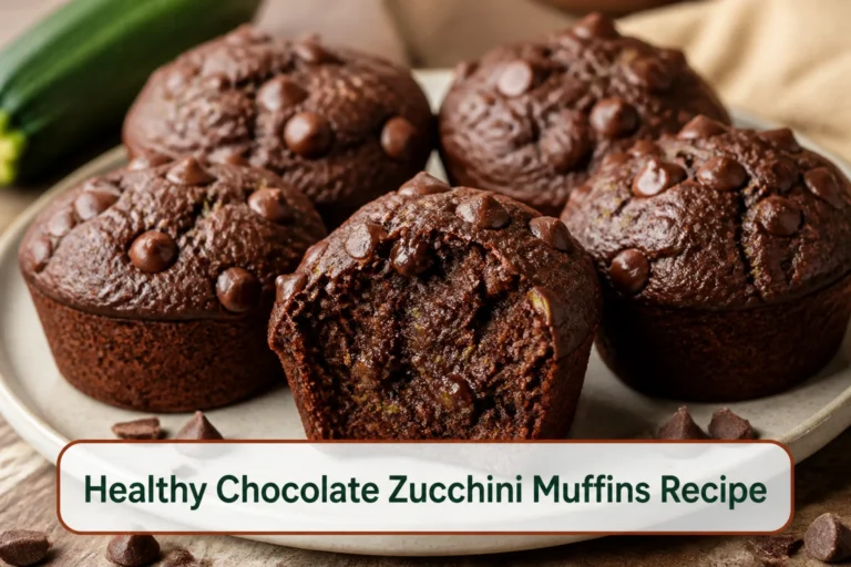 Dark chocolate zucchini muffins with chocolate chips and a fudgy yet set center.; title text reads Healthy Chocolate Zucchini Muffins Recipe